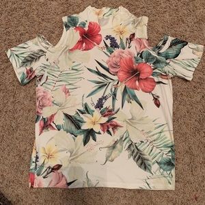 Tropical high neck shoulder cut out tee